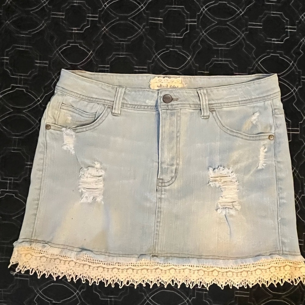 Altar’d State Distressed Denim Skirt with Lace Trim, size 29/9